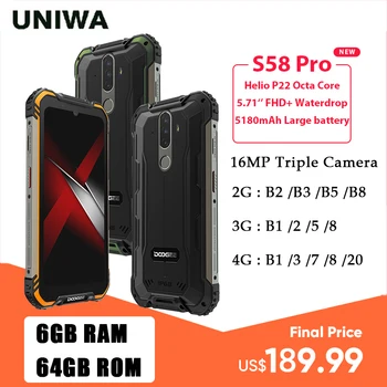 Перейти на Алиэкспресс и купить DOOGEE S58 Pro IP68/IP69K водонепроницаемый прочный телефон 6 ГБ + 64 ГБ Android 10 Мобильный телефон NFC Смартфон 5180 мАч 5,71 дюймFHD + дисплей