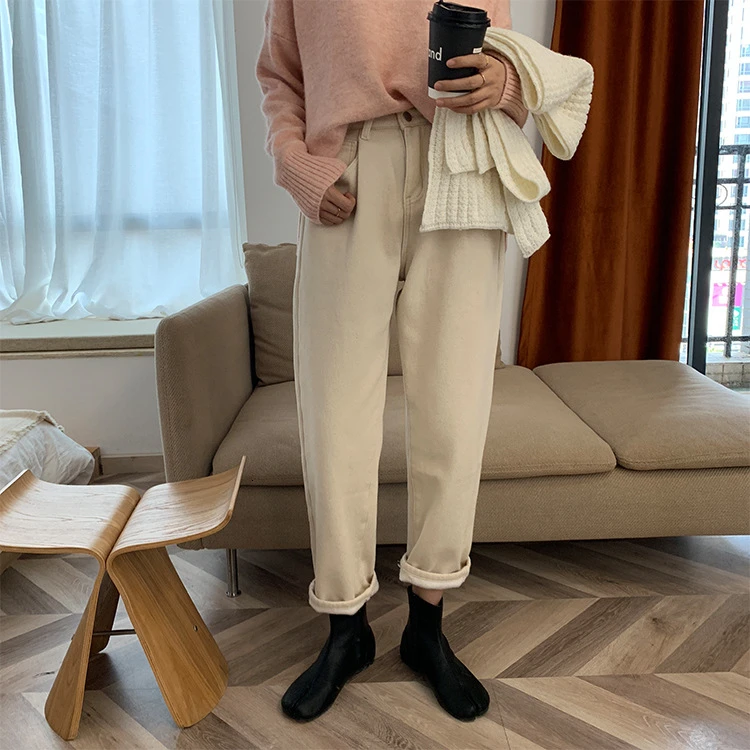 Осень-зима, модные теплые бархатные брюки, женские Pantalon, повседневные Прямые Штаны, Женские однотонные брюки с высокой талией