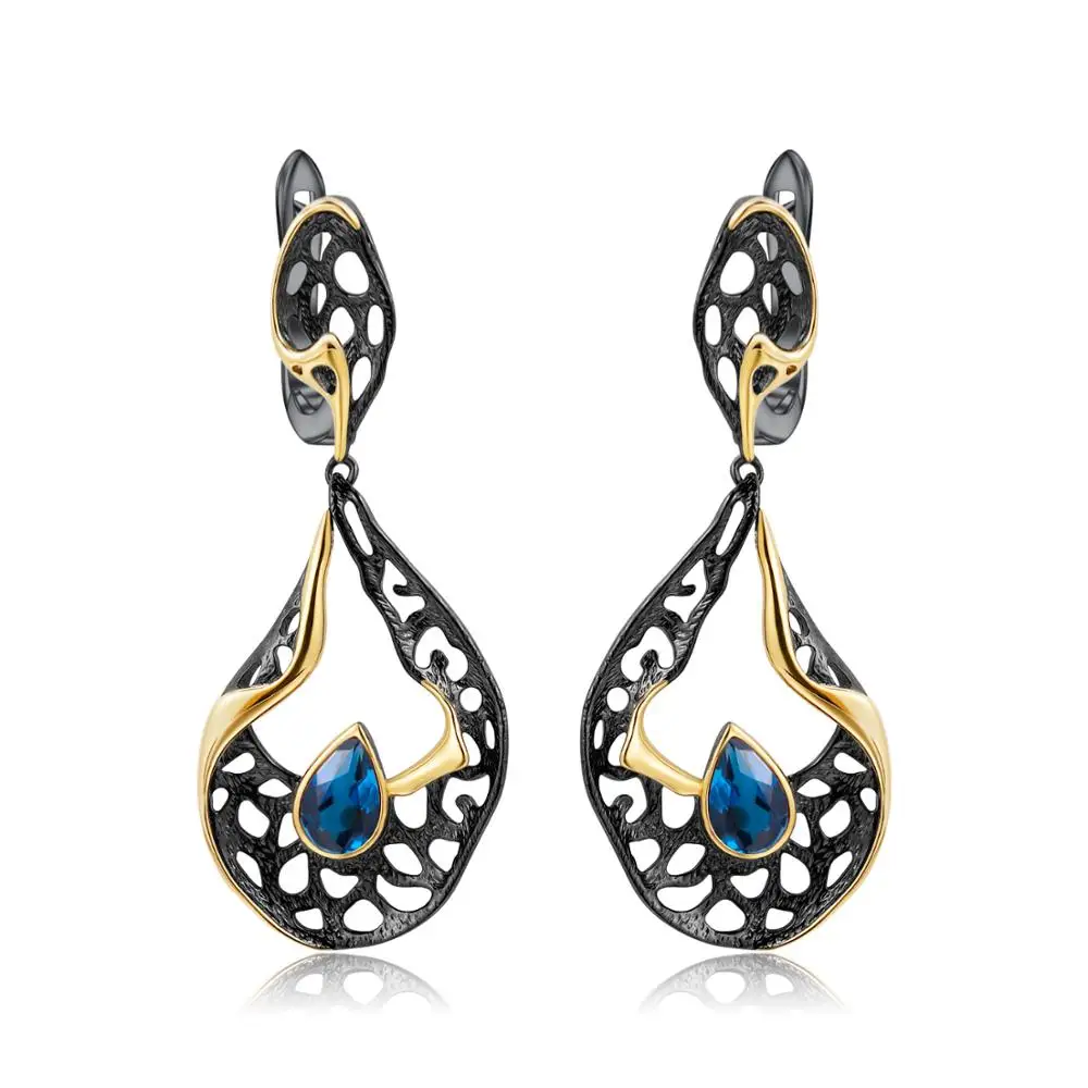 

GEM'S BALLET Natural London Blue Topaz Drop Earrings 925 Sterling Silver Handmade Hollow Element Fine Jewelry for Women Wedding