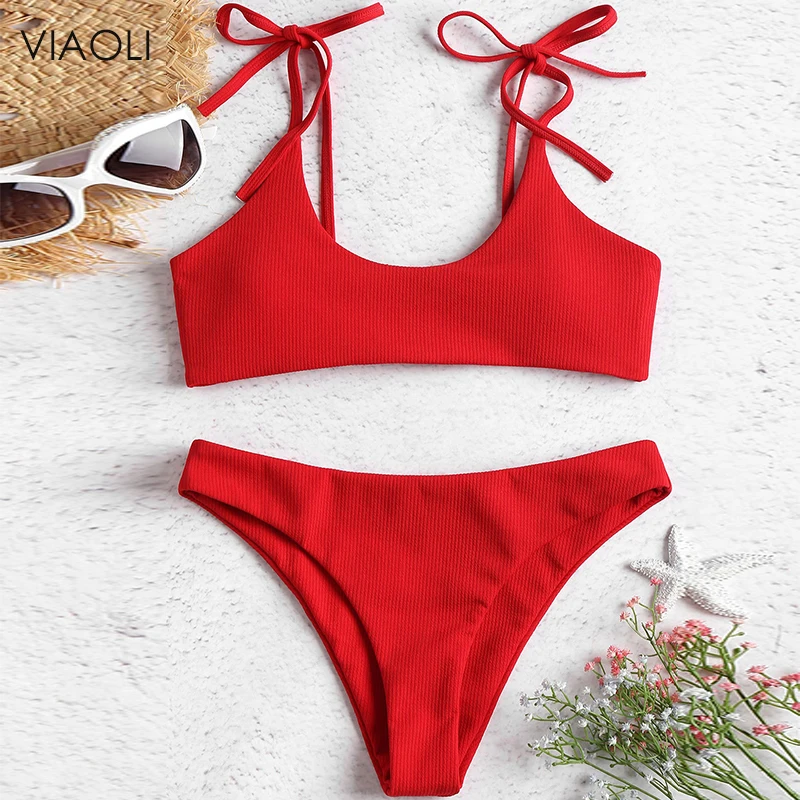 Женский купальник с пуш апом пикантный однотонный в рубчик бикини на завязках и