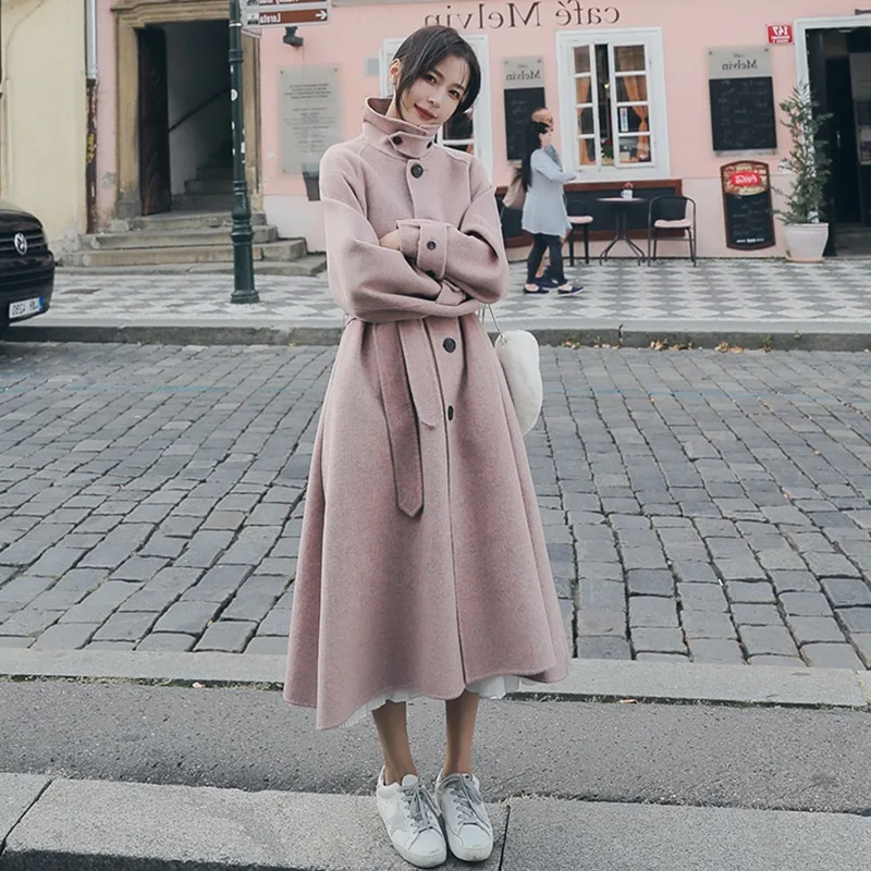 

Woolen Coat Female 2019 Autumn Winter New Fashion Light Pink Women Loose Large Size Long Wool Coat Casaco Feminino
