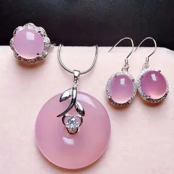 

Natural high ice agate S925 silver powder jade three piece jade pendant ring earrings natural jade