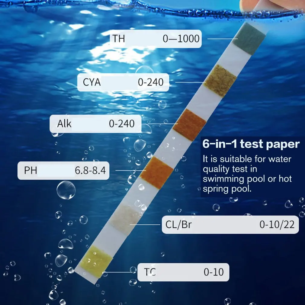 50pcs 6-In-1Multipurpose Chlorine PH Test Strips Swimming Pool Water Alkalinity Hardness Test Strip Pool Tester Household