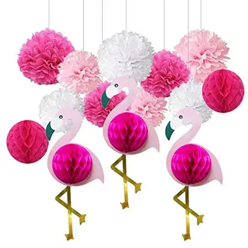 

14Pcs/Set Pink Flamingo Party Decorations Honeycomb Decoration Tissue Paper Pom Poms Flowers Paper Fans for Baby Shower Supplies