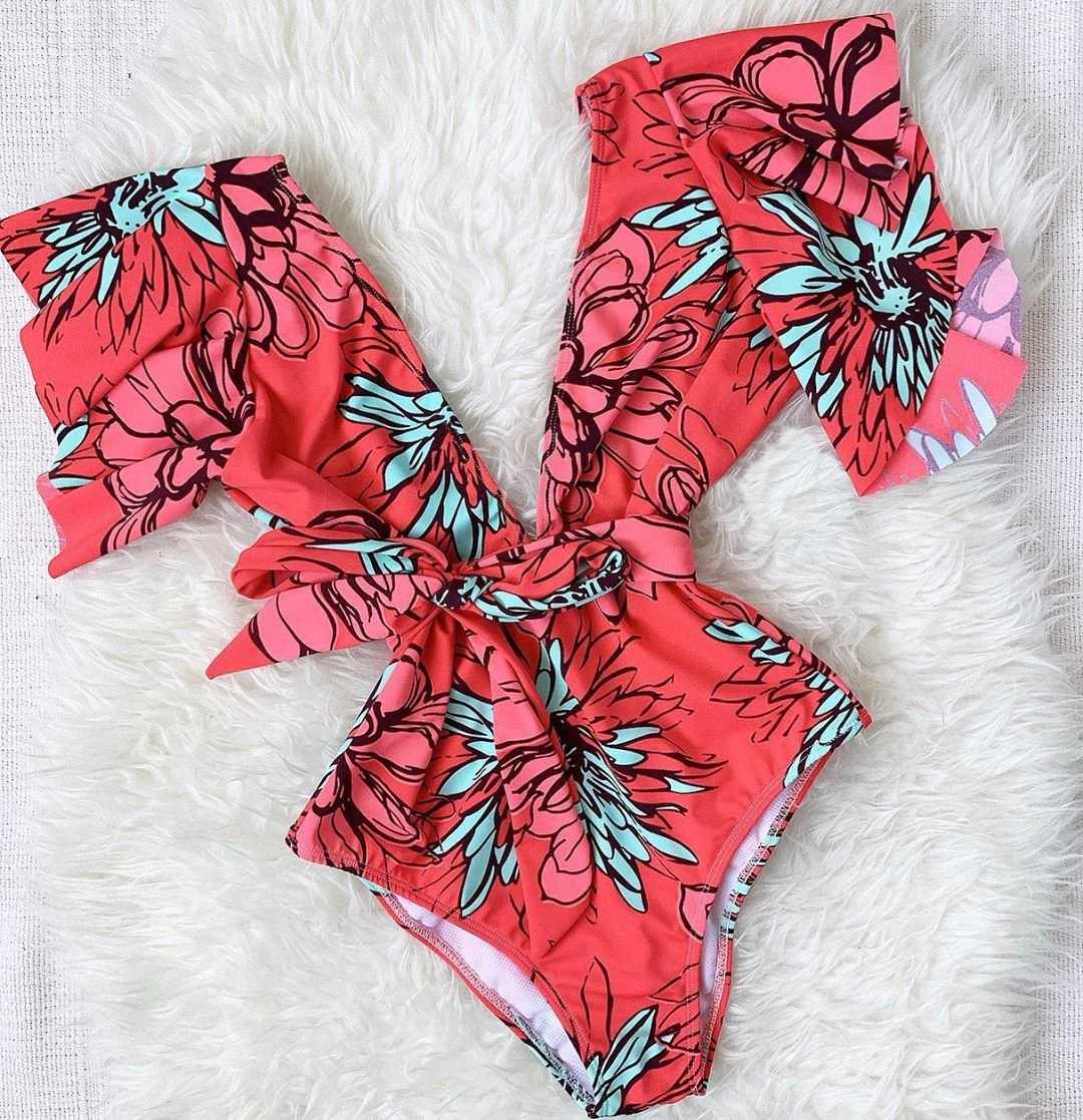 2020 Sexy Swimwear Women One Piece Swimsuit Ruffle Push Up Bandage BodySuit Beachwear V Neck Bathing Suit Female Swimming Suit