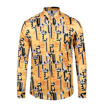 

2019 Newest Style Fashion Men's Dress Shirts Hawaiian Shirt Casual Slim Fit Long Sleeve Lettering Print Harujuku Dropshipping