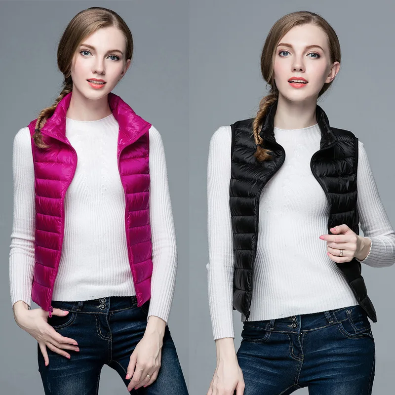 

Spring/autumn/Winter Womens Duck Down Vest Coat Ultra-light Thin Ladies Slim Waistcoat Stand Collar Fashion Female Bomber Jacket