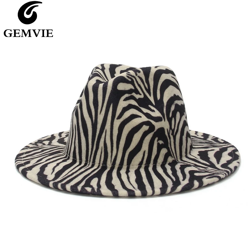 

GEMVIE Wide Brim New Fashion Zebra Fedora Hat For Women Wool Felt Hat For Men Panama Style Jazz Cap Gamble