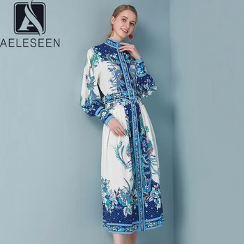 

AELESEEN 2020 Spring Runway Print Straight Dresses Women Stand Collar Lantern Sleeve Sashes Retro Elegant Floral Mid-Calf Dress