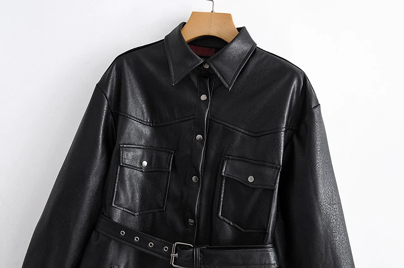 Stylish Pu Leather Jacket Women Turn Down Collar Pockets Fashion Black Coat Female Sashes Long Sleeve Streetwear Outwear Tops