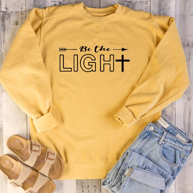 

BE THE LIGHT Letter Print Crewneck Sweatshirt Women Long Sleeve Graphic Tumblr Hoodie Christian Jesus Top Drop Shipping- K432