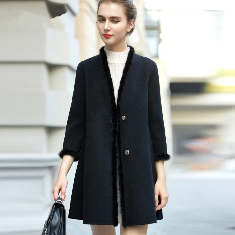 2020 Wool Coat Female Autumn Winter Double Cashmere Jackets For Women Natural Mink Fur Collar manteau femme hiver P1701 | Женская одежда