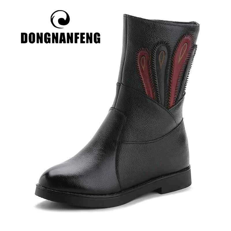 DONGNANFENG/Новое поступление; женская обувь для мам и женщин; женская обувь из натуральной коровьей кожи на молнии; ботинки до середины икры; мягкая зимняя теплая плюшевая обувь на меху; Повседневная нескользящая обувь суперзвезды; Размеры 35-40 FJ-3301