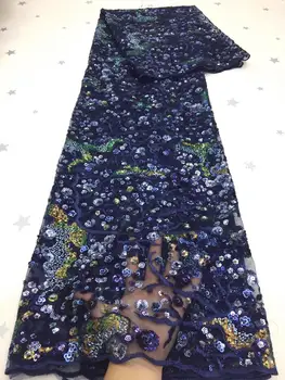 

(5yards/pc) High quality navy blue African French lace multi sizes sequins embroidered net lace fabric for party dress FZX054