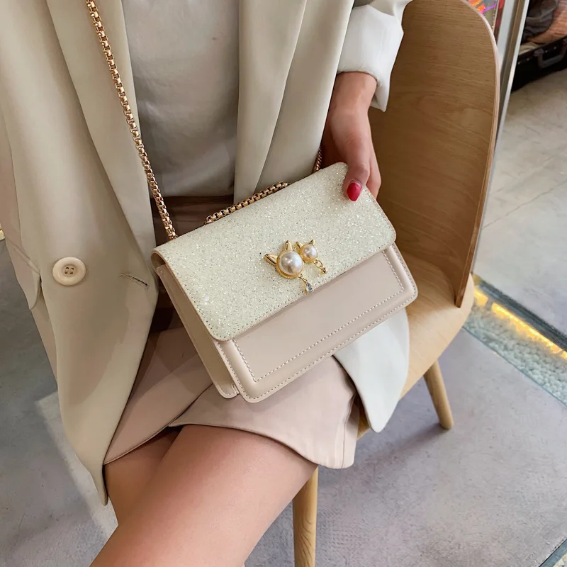 

Summer Kitty Girl Bag 2019 New sequins Baidu Student Chains One Shoulder Slant Square Bag