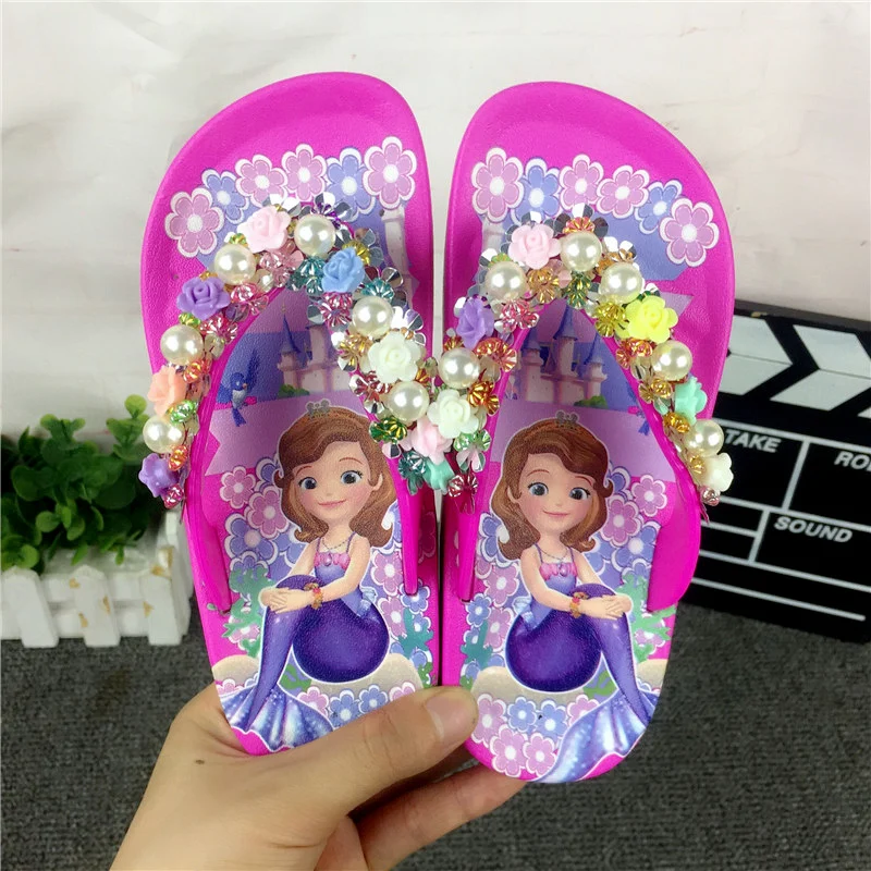 JY 2020 Summer Children girls Sofia with flower princess PVC beach Slippers Non-slip flip flop 26-39 2colors LS01