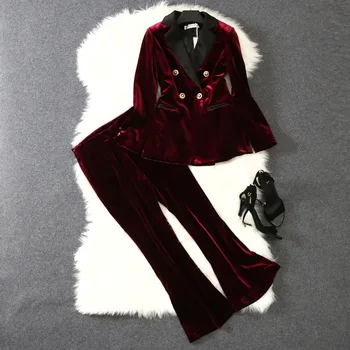 

2020 Autumn Velvet Two Piece Set Women Double Breasted Blazer Jacket And Zipper Flare Pants Suit Office Lady 2 Piece Set Female