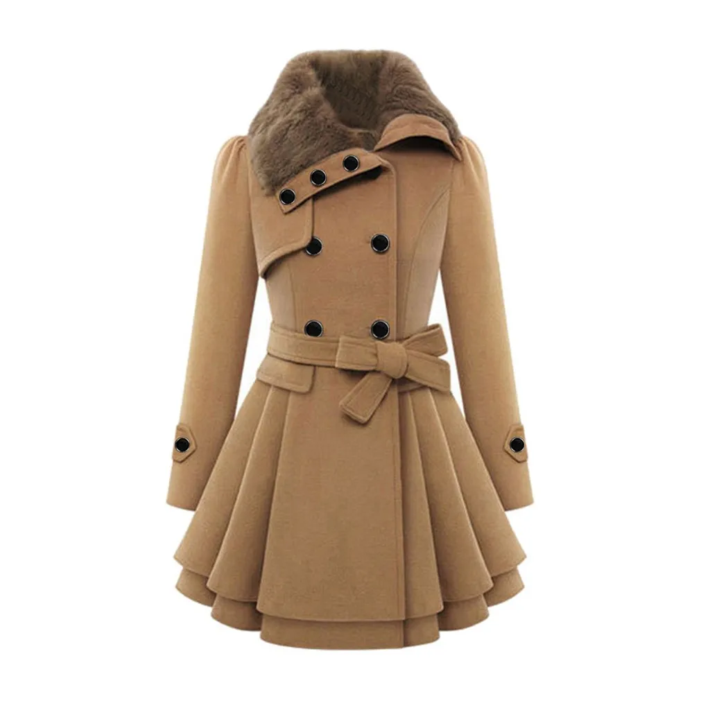Feitong Vinatge, женское плотное теплое пальто, женская ветровка, верхняя одежда на пуговицах, асимметричный подол, плащ, пальто, женская шерстяная куртка - Цвет: Хаки