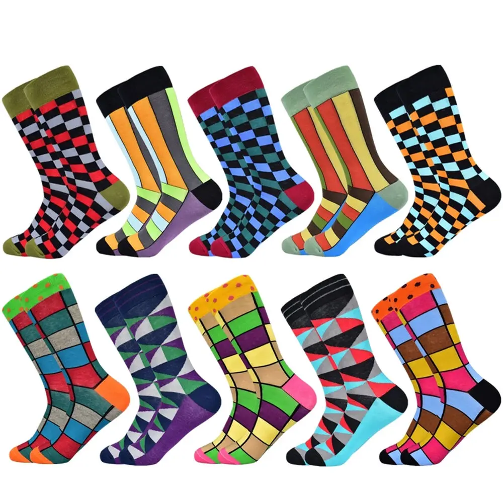 10 pairs of socks-T Горячая Распродажа, мужские носки новые цветные осенние и зимние хлопковые носки геометрические решетки классические деловые повседневные счастливые мужские носки - Цвет: 10 pairs of socks-T