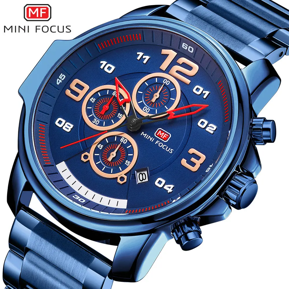 

Luxury Blue Watch Brand MINIFOCUS Waterproof Dress Quartz Watches for Men Sport Chronograph Stainless Steel Strap Military Clock