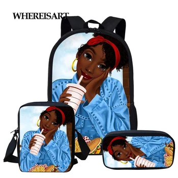 

WHEREISART 3pcs/set Black African Girls Printing School bag Set for Teenage Girls Bookbag Children Kids Schoolbags
