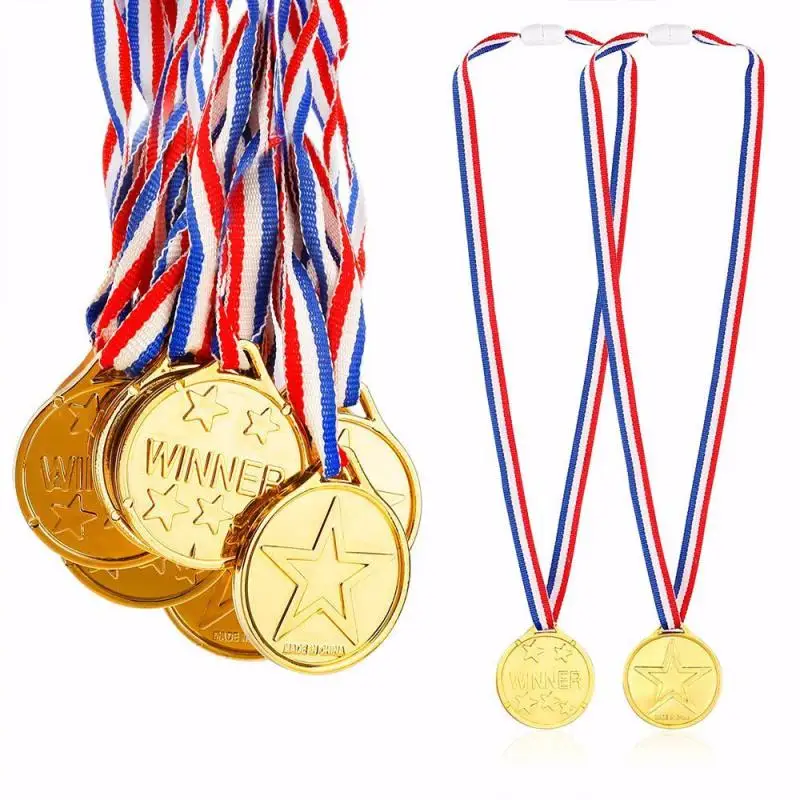 Gold Winner Medals 12 Pieces Kids Childrens Plastic Winner Award Medals Olympic Style Medal with Neck Ribbons Personalised Party Favors Medals for School Sports Day Party Game Toys Prize Awards 