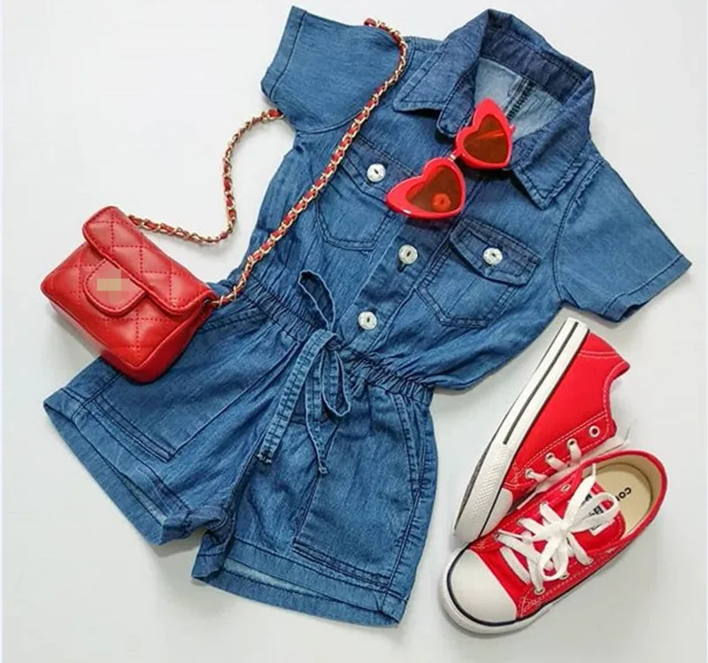 

Fashion Toddler Kids Baby Girl Blue Denim Romper Turn-down Collar Short Sleeve Jumpsuit Baby Girl Streetwear Jumpsuits 0-4Y