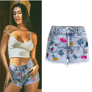 

Women Summer Denim Shorts Plus Size Stretch Embroidery Short Jeans Women Casual Elastic High Waist Vintage Embroidered Shorts