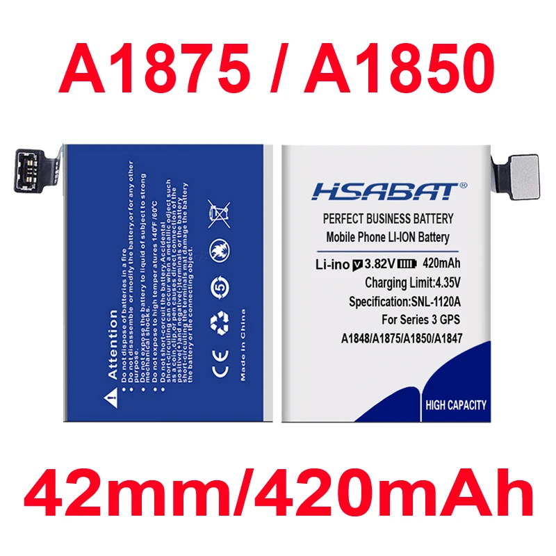 HSABAT 320 мАч/420 мАч Сменный аккумулятор для Apple Watch Series 3 gps/LTE 38 мм/42 мм A1847 A1875 A1848 A1850 A1858 A1859
