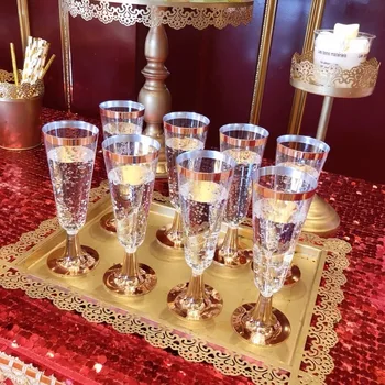 

Hot YO-24Pcs 150 Ml Plastic Rose Gold Rimmed Clear Hard Disposable Party Wedding Cups Premium Fancy Champagne Glasses Flutes