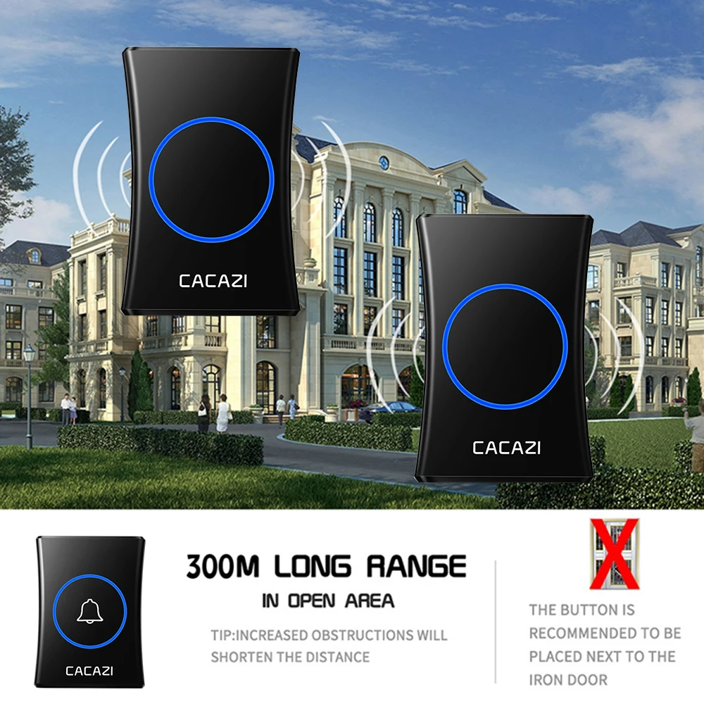 CACAZI Waterproof Wireless Doorbell 3 4 Battery Button 1 2 3 Receiver 300M Remote Control Home Call Bell Chime US EU UK Plug