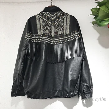 

Leather Jacket Female 2020 Spring and Autumn New Locomotive Handsome Loose Embroidered Riveting Tassel Pu Leather Jacket Coat