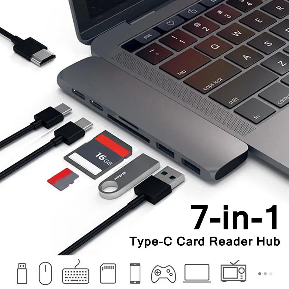 7-in-1 HDMI+ SD+ TF+ 2xUSB3.0+ 2xPD Type-C Fast Card Reader Hub Adapter