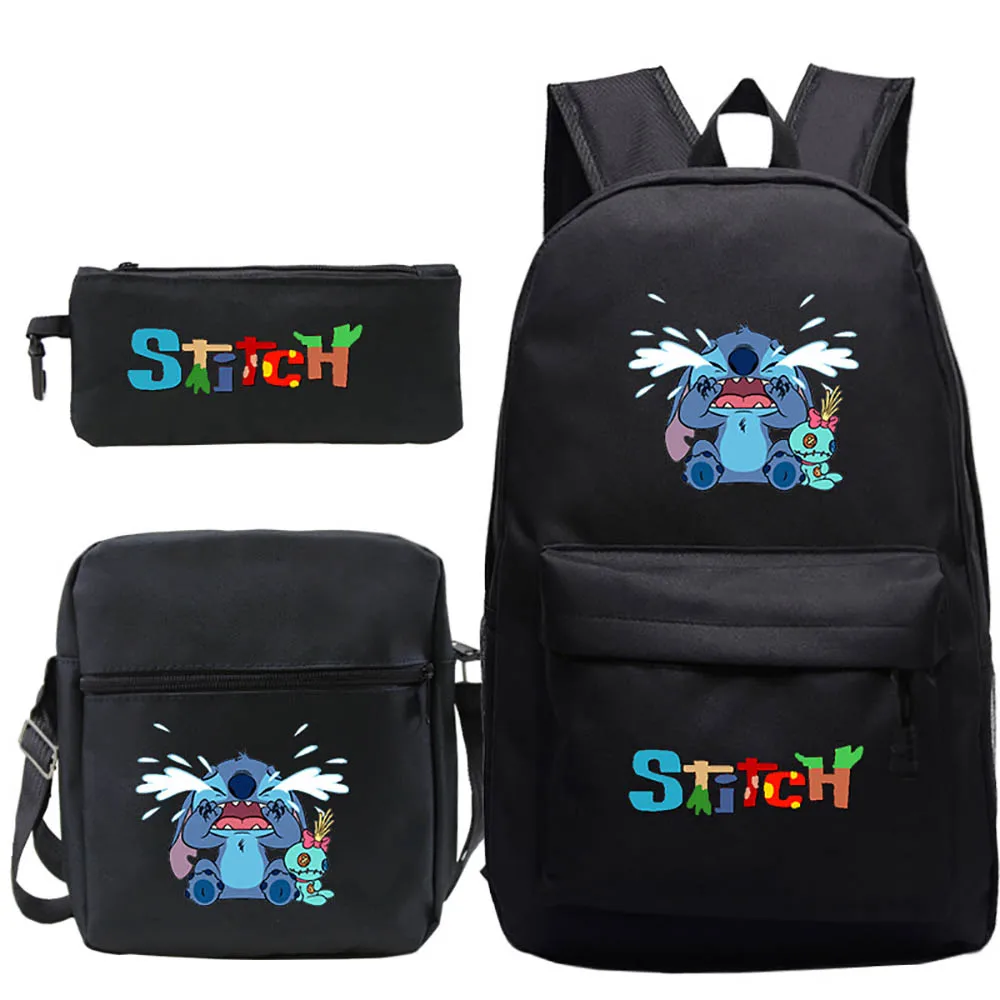 2021 New Stitch Angry Cartoon Print Elementary School Backpack Set Student Schoolbag+Shoulder Bag+Pencil Case Three-Piece Set