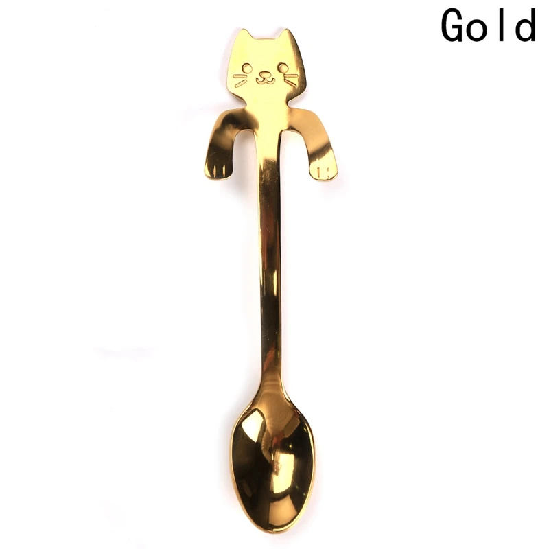 HG4869GD Милые чайные ложки для кошек из нержавеющей стали, Мультяшные ложки «кошка», креативный десерт, мороженое с длинной ручкой, кофейная и чайная ложка, Посуда цвета - Цвет: HG4869GD