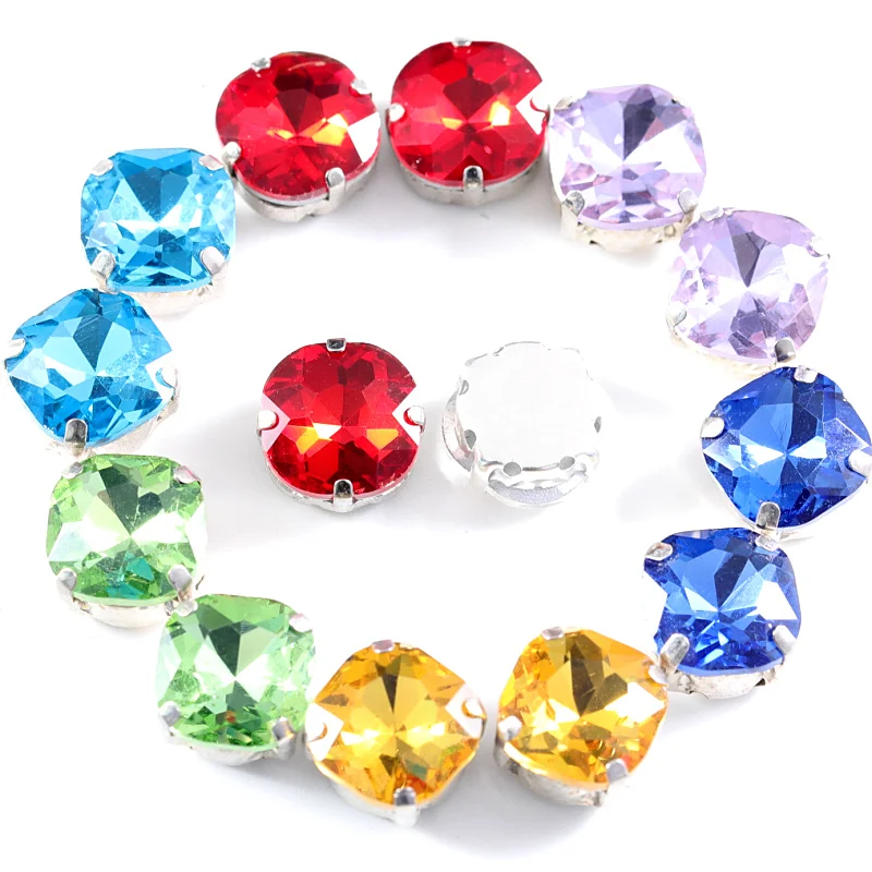Round Square Multicolors Crystal Sew On Rhinestone With Claw Glass