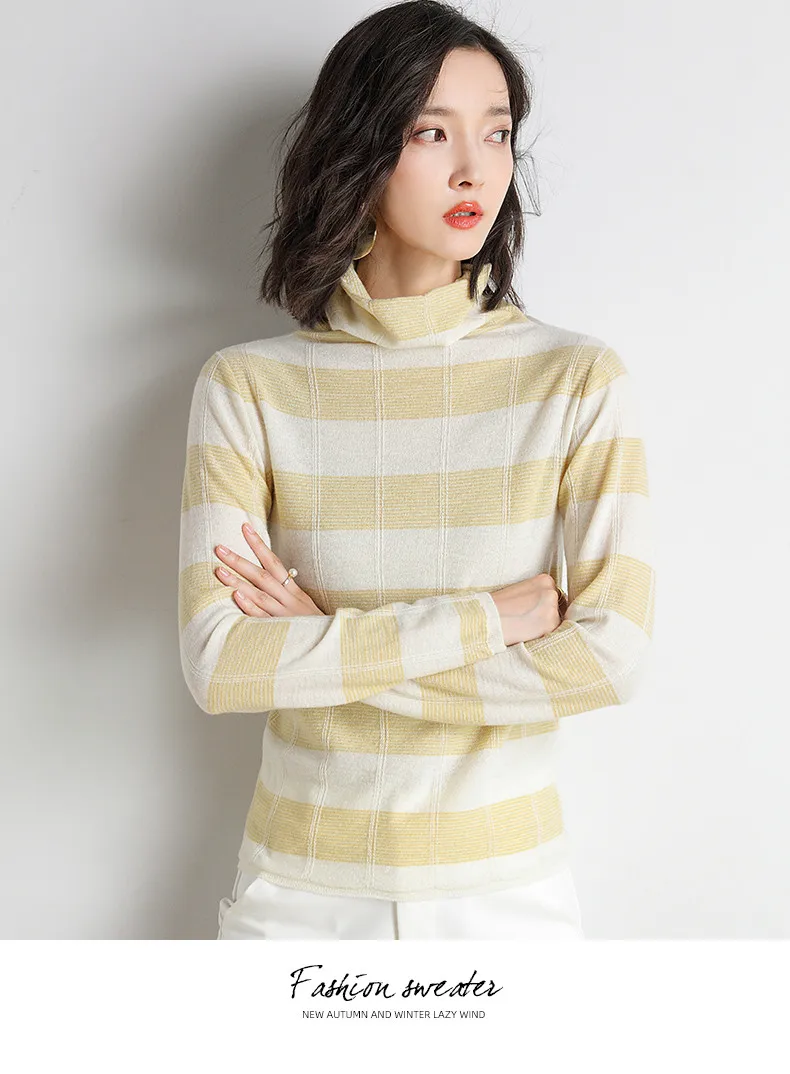 XJXKS Fashion striped women turtleneck sweater autumn winter new comfortable wool knitted sweater women pullover