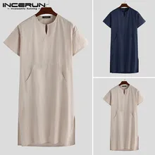 INCERUN, короткий рукав, хлопок, мужские халаты, винтажные пижамы, v-образный вырез, карманы, сплошной цвет, ночная рубашка, кафтан, мужские халаты, домашняя одежда, S-5XL