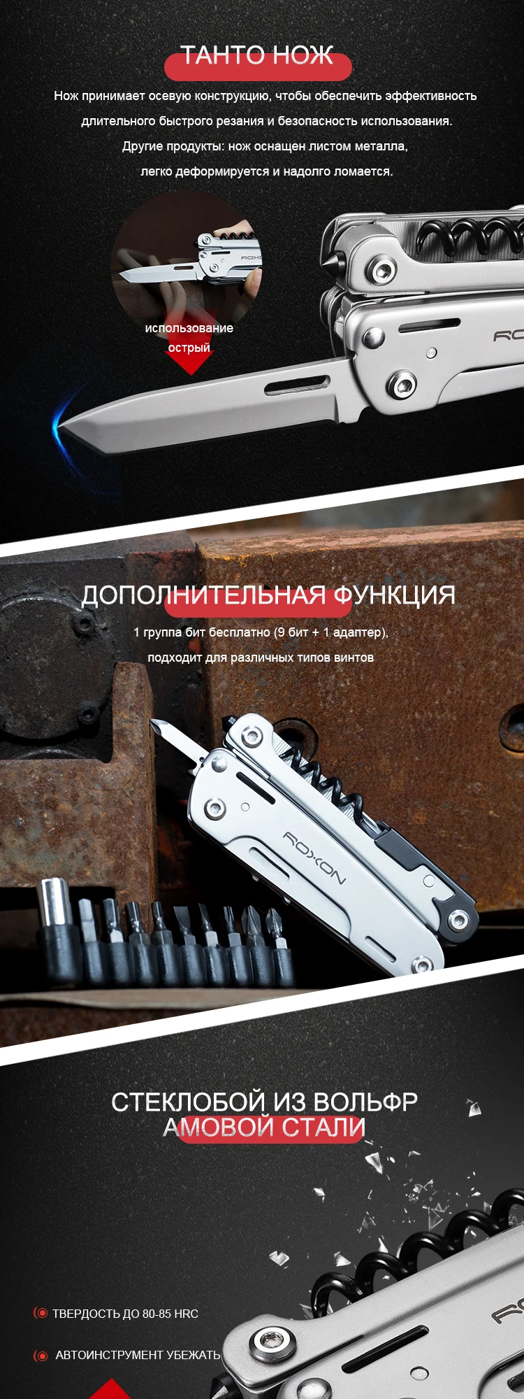 ROXON S801S 16 в 1 многофункциональные плоскогубцы-карманный нож для повседневного использования, ножницы, кусачки, отвертка, биты, инструмент повседневного ношения, для выживания, кемпинг