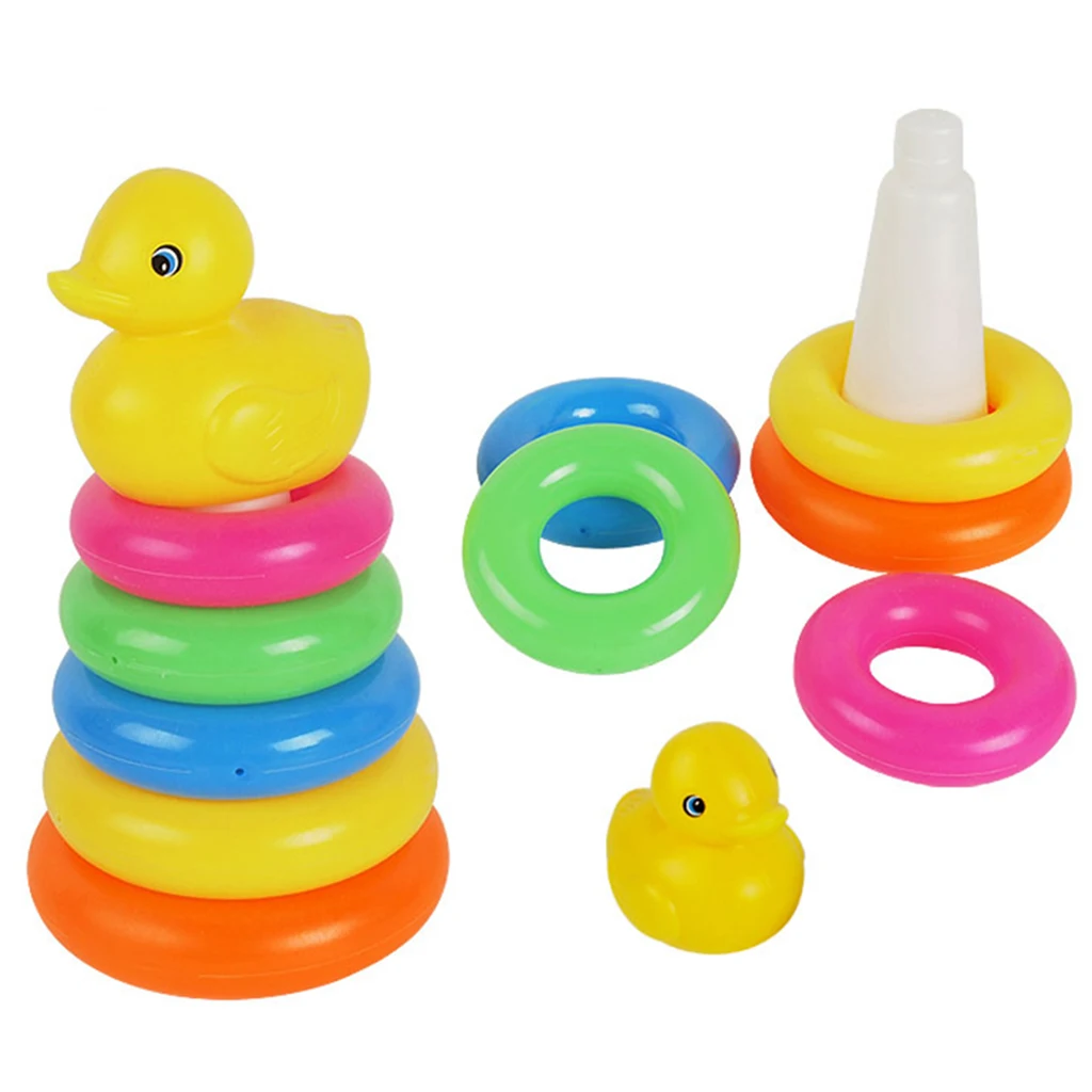 9 Rainbow Color Stacking & Nesting Rings with a Yellow Duck Bath Toy Kit, Kids Baby Toddler Bath Time Playing