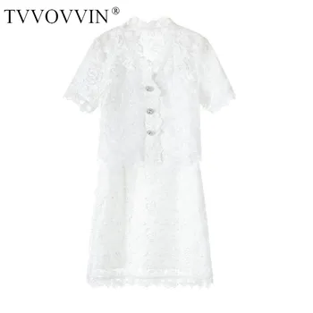 

TVVOVVIN 2020 Summer New Lace Hollow Out Elastic Waist White Two-piece Set Mini Skirt+shirt Solid Embroidery Button A089