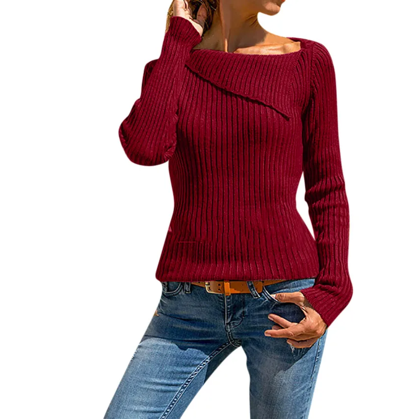 Womail свитер женский осенний зимний длинный рукав сплошной полоски отложной воротник индивидуальный свитер трикотаж сексуальная одежда