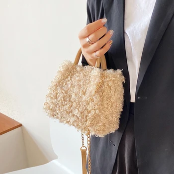 

Elegant Female Tote bag 2020 Winter Fashion New High Quality Soft Plush Women's Designer HandbagChain Shoulder Messenger Bag
