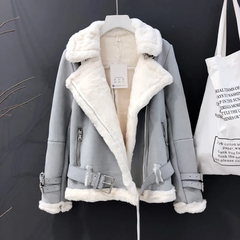 

Winter Warm Thick Suede Jacket Women Motorcycle Zipper Suede Leather Coat Female Shearling Overcoat