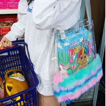 

Women PVC Transparent Handbag Large Plush Bag Girl Rainbow Shoulder Bag Colorful Fashion Stripe Tote 517D