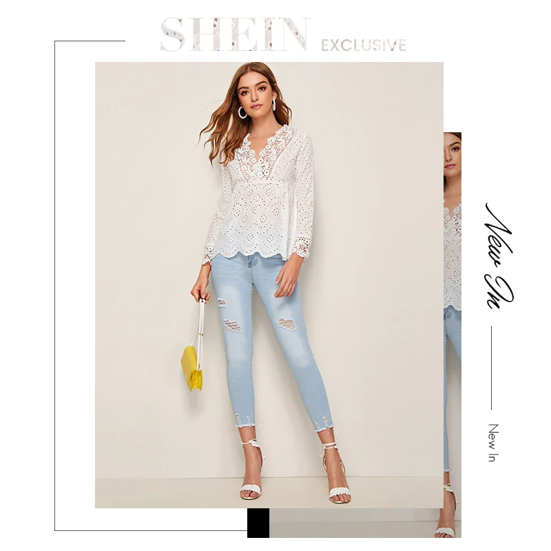 SHEIN белая блузка с v-образным вырезом и вышивкой, с петлей, с баской, женские топы, Осенние праздничные блузки с длинными рукавами и оборками, блузки в богемном стиле