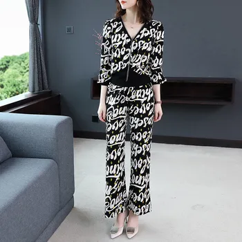 

Fashion Printing Wide-Leg Pants Two-Piece Set Female 2020 Spring And Summer New Ladies Coat + Long Pants Two-Piece Set