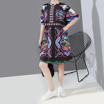

New 2020 Women Summer Plus Size Midi Dress Short Sleeve Multicolor Printed Ladies Cute Wear Boho Straight Dress Robe Femme 6002