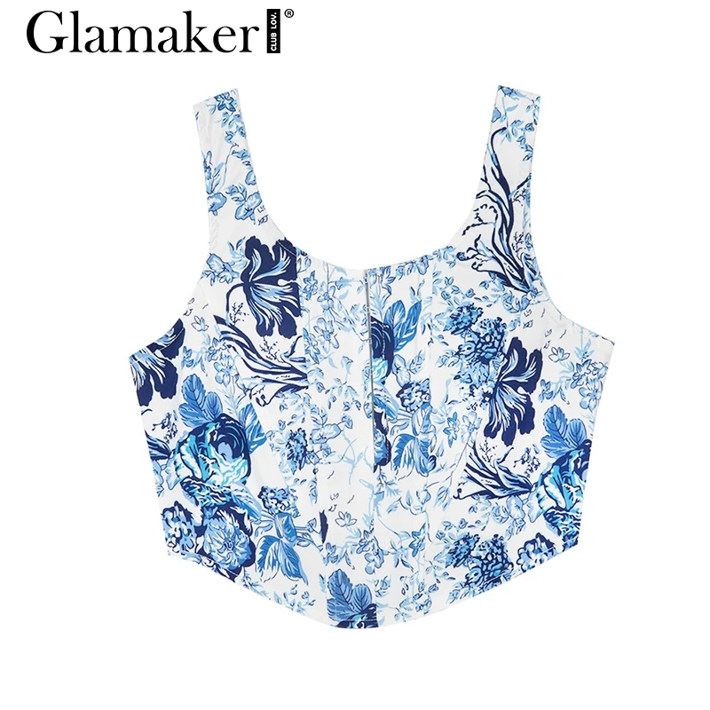 Glamaker Blue floral print vintage short tops Women sexy square neck tank cami top Female winter autumn short crop top shirt