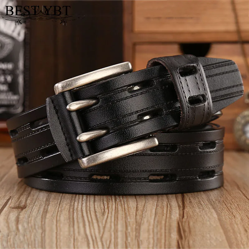 Best YBT High Quality Genuine Leather Belts for Men Brand Strap Male Double Pin Buckle Fancy Vintage Jeans Cowboy Belts